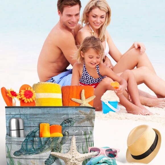 New Extra Large Sea Turtle Scene 7 Pocket Mesh Sand-Proof Beach Bag - Picture 6 of 6